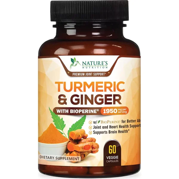 Turmeric Curcumin with BioPerine & Ginger 95% Standardized Curcuminoids 1950mg Black Pepper for Max Absorption Joint Support, Nature's Tumeric Herbal Extract Supplement, Vegan, Non-GMO - 60 Capsules