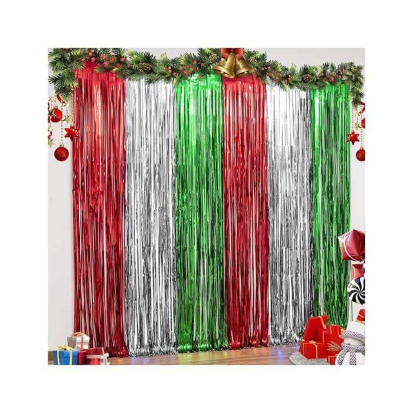 LOLStar 3 Pack Christmas Foil Fringe Curtains Christmas Party Decoration 3.3 x 6.6 ft Red Silver Green Tinsel Fringe Party Photo Backdrop Streamer Backdrop for Christmas, New Year, Ugly Sweater Party