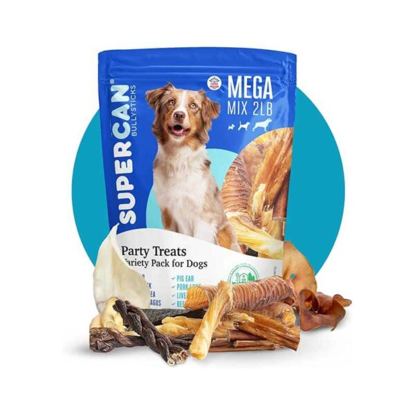 SUPER CAN BULLYSTICKS 2lb Mega Mix Natural Dog Chews Variety - Pig Ears, Cow Ears, Beef Lung, Liver, Trachea - Healthy Treats Small Medium Large Dogs - Long Lasting Bully & Gullet Sticks
