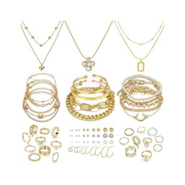 IFKM 36 PCS Gold Plated Jewelry Set with 4 PCS Necklace, 11 PCS Bracelet, 7 PCS Ear Cuffs Earring, 14 Pcs Knuckle Rings for Women Girls Valentine Anniversary Birthday Friendship Gift