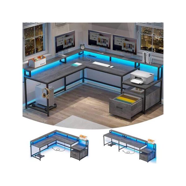 SEDETA L Shaped Office Desk, 66" Home Office Desk with File Drawer & Power Outlet, Gaming Desk with Led Lights, Corner Computer Desk with Monitor Shelf, Printer Storage Shelves, Two Person Desk, Grey