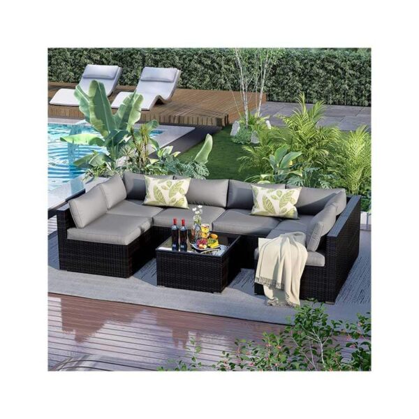 7 Pieces Patio Furniture Set - Outdoor Sectional Wicker Rattan Furniture with Cushion and Glass Table Patio Conversation Sets for Porch Poolside Backyard Outdoor Sofa Set Modular Sofa