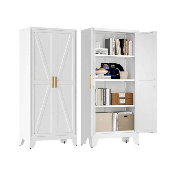 61'' Farmhouse metal Storage Cabinet with Barn Doors，Steel File Cabinet for Home Office，Kitchen Pantry 3 adjustable shelves，Freestanding Cupboard for Kitchen，for Office, Home, School (White)